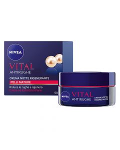 Krem anti-rrudhë rigjenerues për trajtimin e fytyrës gjatë natës, Vital, Nivea, plastikë dhe qelq, 50 ml, e kuqe dhe blu, 1 copë