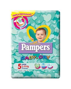 Diapers for babies, Baby Dry, Pampers, cotton, Junior, no. 5, 11-25 kg, 16 pieces, with tape sticker