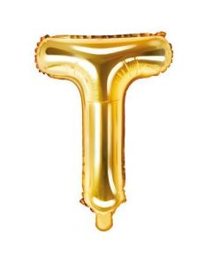 Balloon in the shape of "T" letter, nylon and refined aluminum, 35 cm, gold, 1 piece