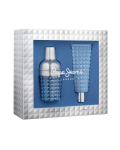 Set eau de toilette (EDT) dhe shampo trupi për meshkuj, For Him, Pepe Jeans, qelq dhe plastikë, 100+80 ml, blu dhe argjend, 2 copë