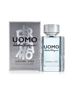 Parfum për meshkuj, Salvatore Ferragamo, Uomo Casual Life, EDT, qelq, 50 ml, argjend, e kaltër dhe transparente, 1 copë
