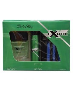 Eau de toilette, body spray and razors gift set for men, Exotic, Shirley May, plastic and metal, 100+75 ml, green, 5 pieces
