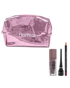 Set çantë kozmetike, laps për buzët, penel për sytë dhe  buzëkuq, plastikë dhe poliuretan, 17x12x5 cm, rozë gold, 4 copë