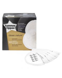 Breast pads, Closer to Nature, Tommee Tippee, non-woven fiber, tissue paper, polyethylene and absorbent polymers, 14.5x13.5x2 cm, gray and brown, 50 pieces