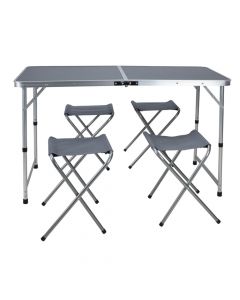 Camping table and stools set, Redcliffs, aluminum and MDF, 120x60x70 cm, silver, 5 pieces