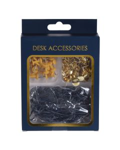 Stationery set with pins and paper clips, plastic and metal, 10x8 cm, gold, yellow and blue, 230 pieces