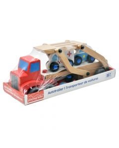 Autotrailer dhe makina lodër për fëmijë, dru, 34.5x8x12 cm, bezhë, e kuqe dhe blu, 4 copë