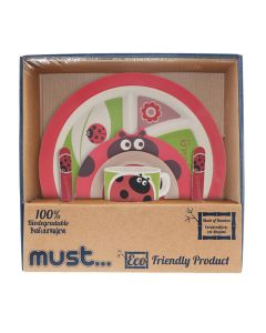 Set ushqimi për fëmijë, LadyBug, Must..., Diakakis, bambu, 28x25x20 cm, e kuqe, 5 copë
