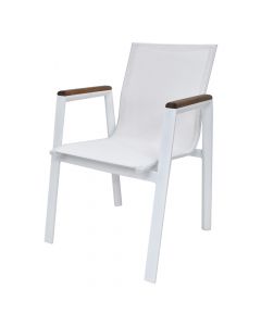 Karrige me krahë Poseidon, alumin, dru iroko + tekstilen, e bardhë, 46x56xH86 cm