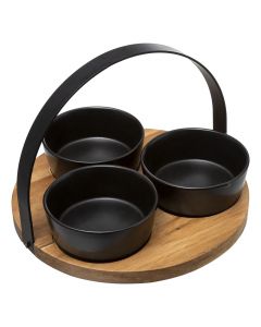 Aperitif serving set (PK 4), ceramic/bamboo, black/brown, Dia.21x14 cm