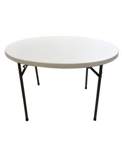 Tavolinë me palosje e rrumbullakët, PVC/metalike, e bardhë, Dia.122xH74 cm