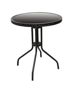 Tavolinë e rrumbullakët Bistro, strukturë metalike/ratan/qelq, e zezë, Dia.60xH70 cm