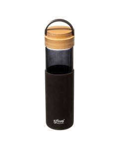 Water bottle with airtight lid, glass/silicone/bamboo, black, Dia.6.8xH24cm / 550 cc
