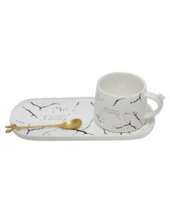 Filxhan çaji me pjatë servirje, qeramikë, e bardhë, 7.5xH6 / 23.5x11 cm