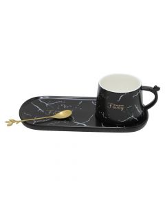 Tea cup with serving dish, ceramic, black, 7.5xH6 / 23.5x11 cm