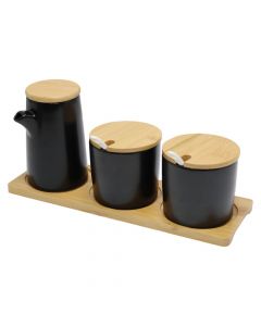 Condiment/oil carrier, ceramic/bamboo, black/brown, 18.5x10x13 cm