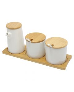 Condiment/oil carrier, ceramic/bamboo, white/brown, 18.5x10x13 cm