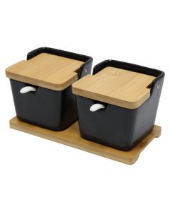 Coffee/sugar holder, ceramic/bamboo, black/brown, 10x20xH9 cm
