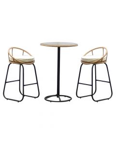 Havana Bar Set 2 chairs + 1 tempered glass table, metal/rattan, brown/black, chair 50x50xH92 cm / table Dia.65xH100 cm