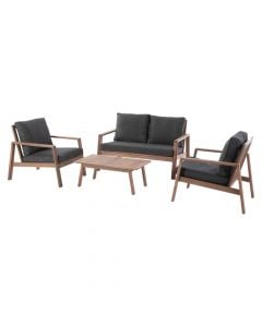 Set of 2 chairs + 1 armchair + 1 Tiwi table, acacia wood, brown / black, chair 85x69xH76 cm / armchair 126x85xH76 cm / table 90x50xH35 cm