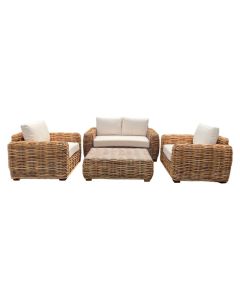 Set Alba Living 2 kolltuk+1sofa+1tavolinë me xham, ratan, kafe natyrale, 104x90xH70 / 224x90xH70 / Dia.80xH35 cm