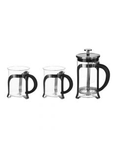 Set kremjere kafe/çaji me 2 filxhanë, qelq/metal, transparente/e zezë, 60 cl/20 cl