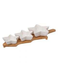Set of star-shaped antipasti bowls (PK 3), porcelain+bamboo, white/brown, 42x14 cm
