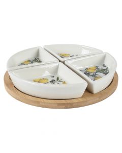 Set of 4 cocktail bowls circular base, porcelain/bamboo, white with lemon decoration, Dia.21.5xH3.5 cm