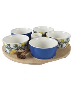 Set of 5 cocktail bowls, circular base, porcelain/bamboo, different colors with lemon decoration, Dia.24xH5 cm