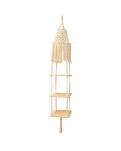 Knitted hanging light, E27, H195 cm, D28 cm, with wood shelves for decorative objects, cotton/steel/wood.