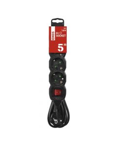 Power strip, 4 modules, 5meters, 3x1.5mm, black, with switch