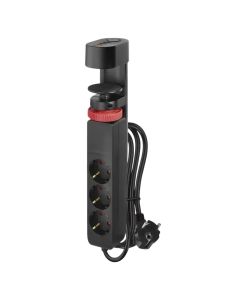 Electrical extension cord, 3 modules + USB + USB-C, 1.5m, 3x1.5mm, black, with table clamp