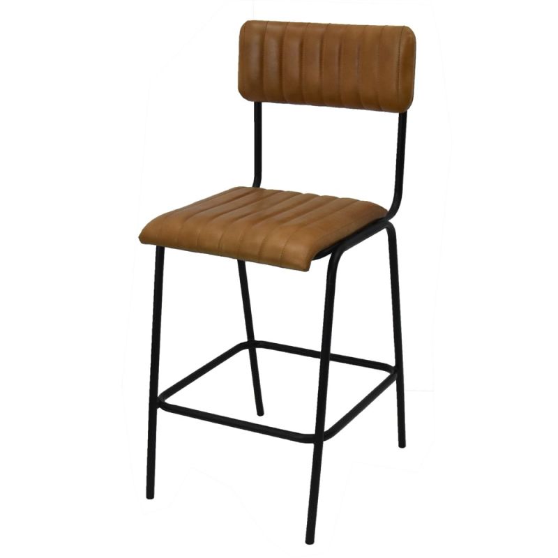 Bar stool, leg rest, metal frame, leather seat, brown, 45x52