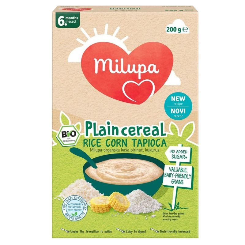 Organic milupa, rice, corn, tapioca, months, 200 gr Mega